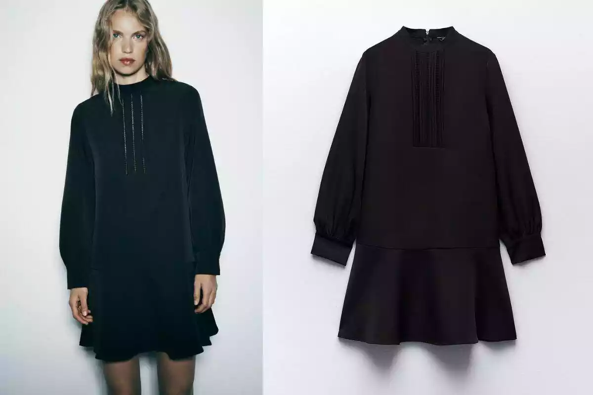 Foto modelo Zara con vestido grueso y a la izquierda foto del vestido en color oscuro
