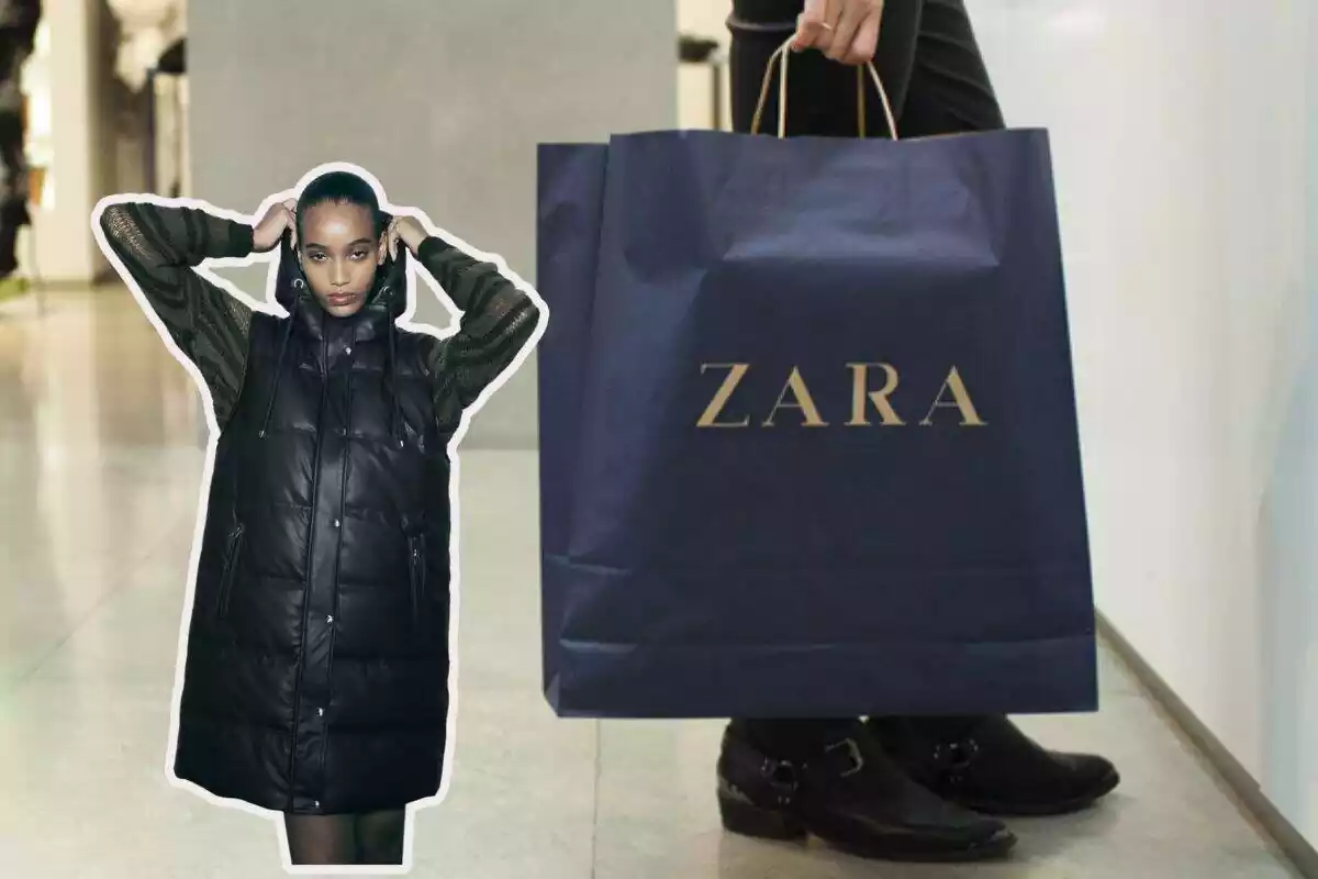 Fotomontaje de una foto de una mujer de la que se ve que lleva bolsa de Zara y se ven además sus botas. A la izquierda recorte de una foto de una modelo de Zara con chaleco acolchado y poniéndose la capucha con contorno blanco